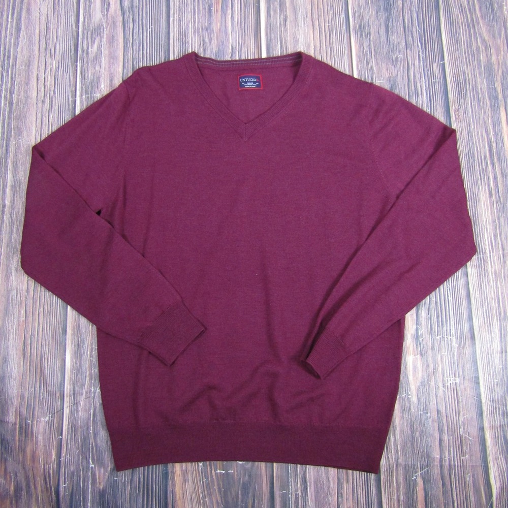 UNTUCKit Sweater Mens Large Burgundy V Neck 100%‎ Merino Wool Pullover Knit Soft